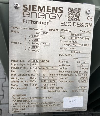 Switchgear & components Siemens 1000 kVA 20/0,4 kV Dy11