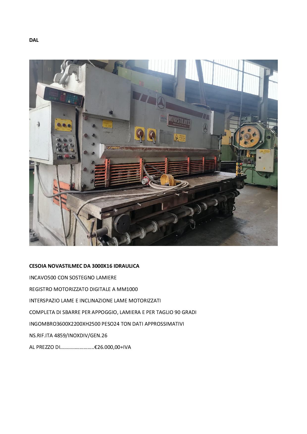 Cisaille guillotine hydraulique NOVASTILMEC 3000X16